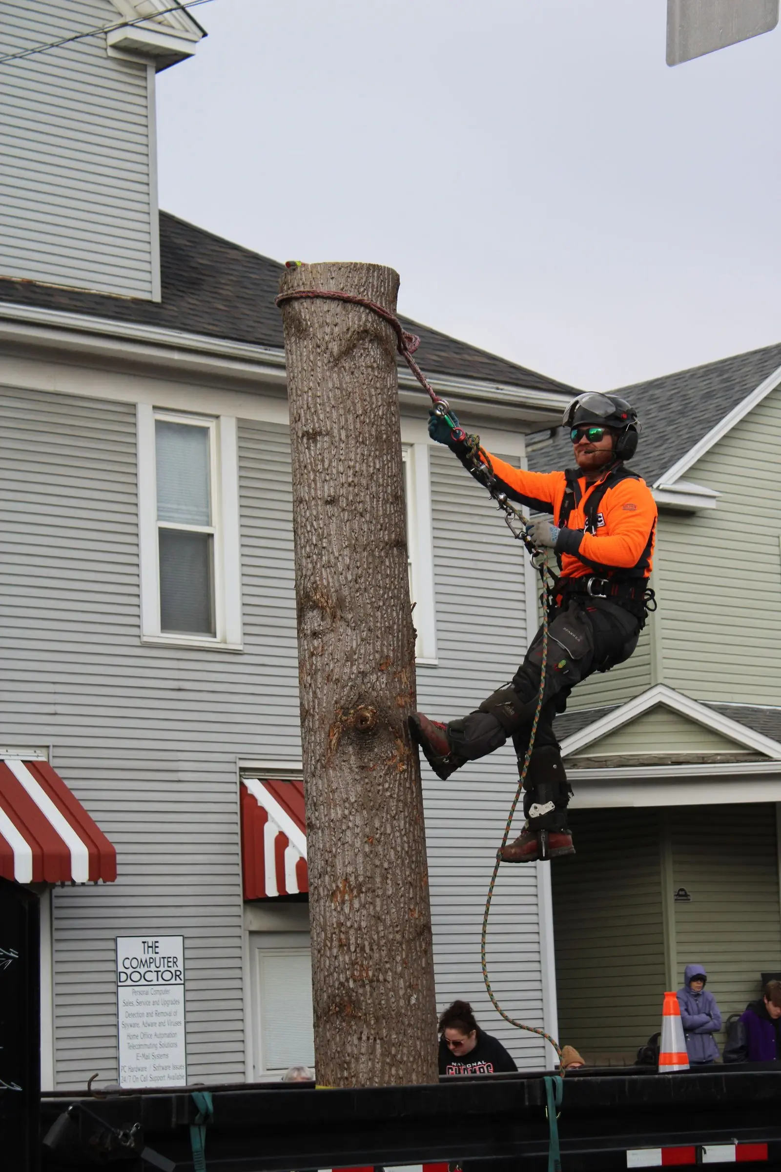 Arborist in a helmet and harness working on a trunk beside a two-story house
