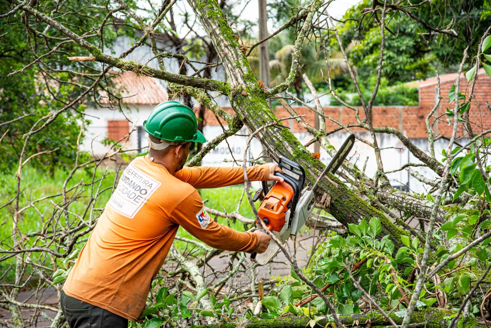 Worker in a hard hat cutting fallen branches with a chainsaw near a house